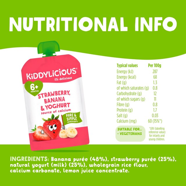 Kiddylicious Strawberry Banana Yogurt Baby Food Pouch 6m+ 4x100g, UK version