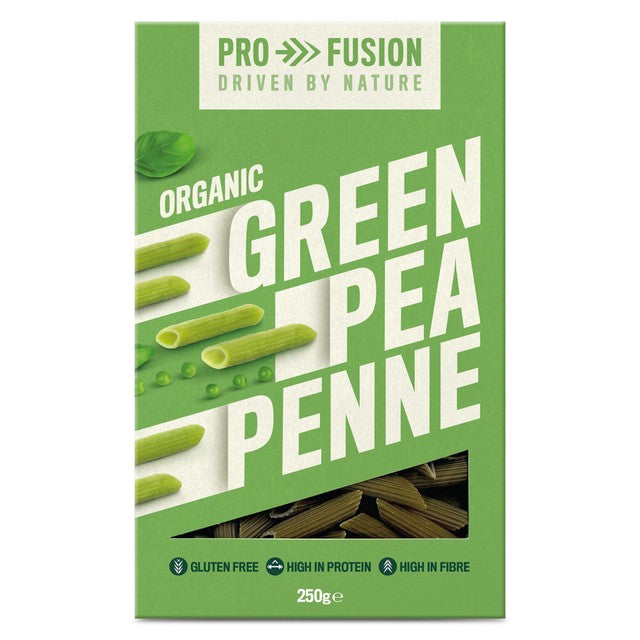 Profusion organic green pea protein penne, imported from the UK