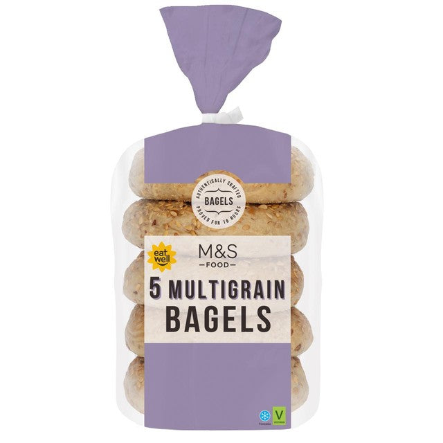 M&S Multigrain Sourdough Bagels 5 pack, imported from the UK