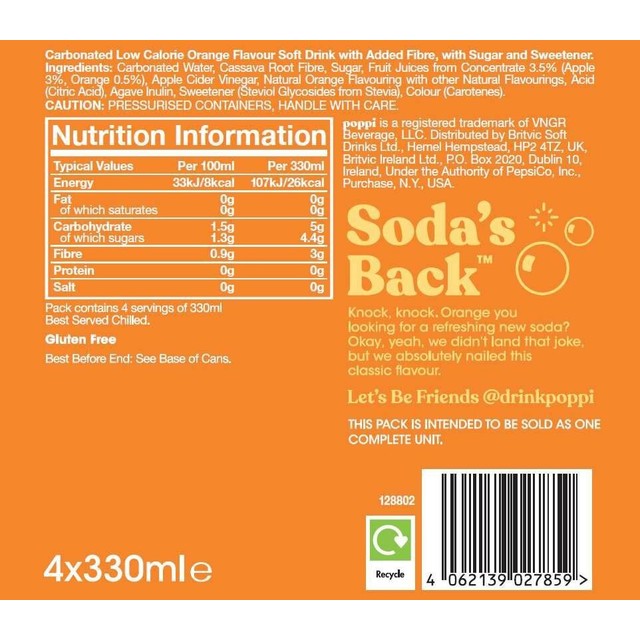 Poppi orange soda cans 330ml (British brand)