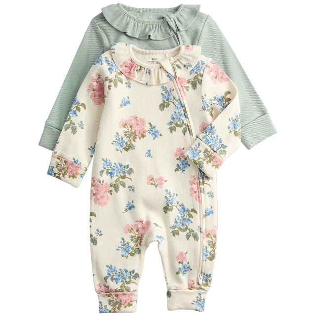 M&S floral frill collar sleepsuit ivory 0-3 M, imported from the UK