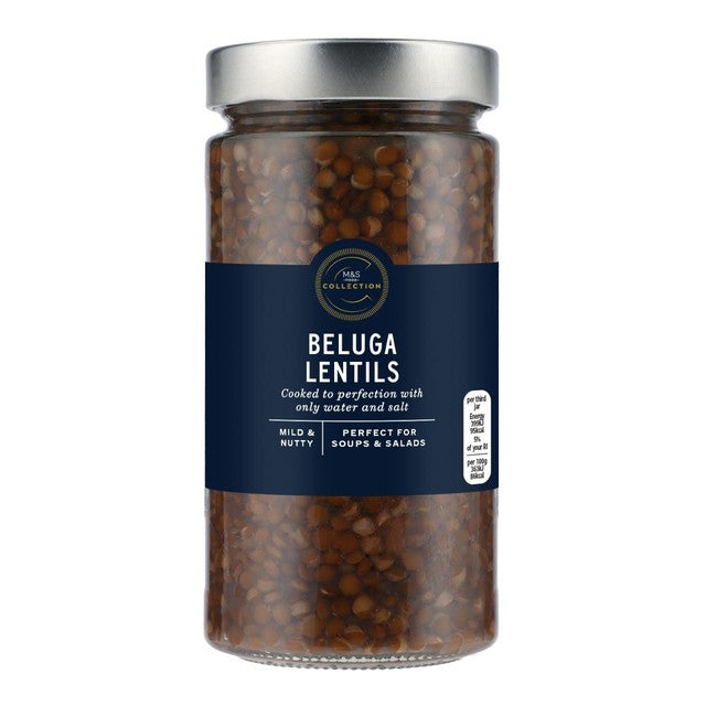 M&S Beluga Lentils jar of cooked lentils (British brand)