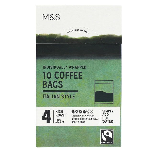 M&S Italian Style Coffee Bags 10 count, imported from the UK