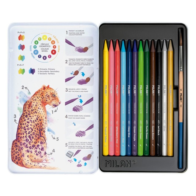 Milan woodless watersoluble colour pencils 12-piece set with brush, imported from the UK