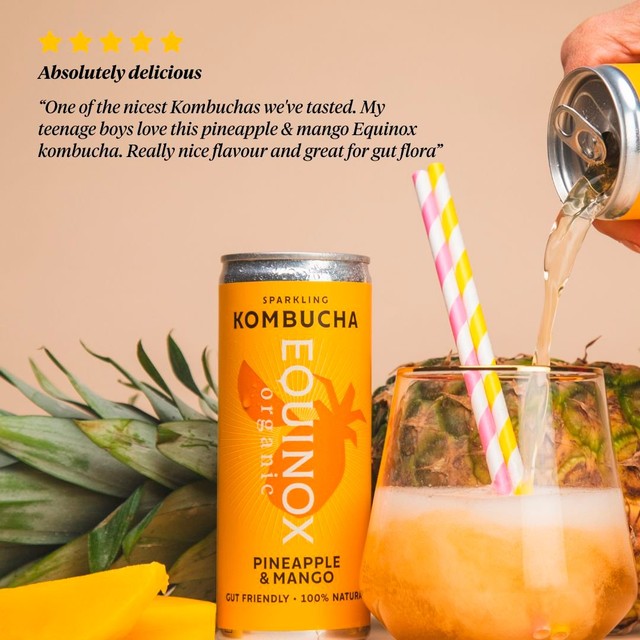Equinox organic pineapple mango kombucha can, imported from the UK