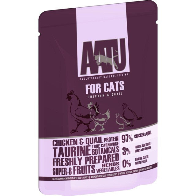 AATU chicken and quail wet cat food pouches 16x85g British product