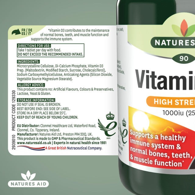 Natures Aid High Strength Vitamin D3 Tablets 1000iu 90 Tablets, imported from the UK