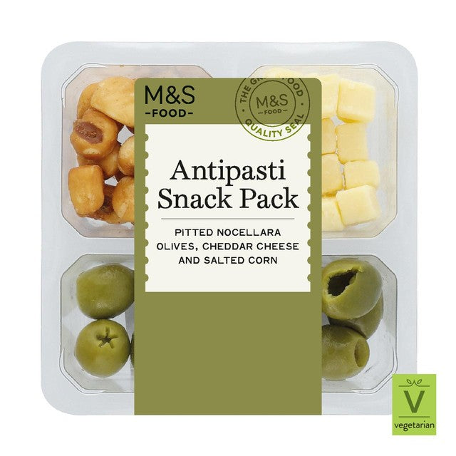 M&S Antipasti Snack Pack olives cheddar corn, imported from the UK