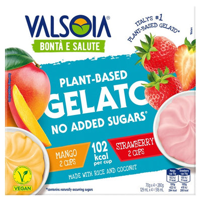 Valsoia uten tilsatt sukker mango og jordbær plantebasert gelato minikopper 576 ml