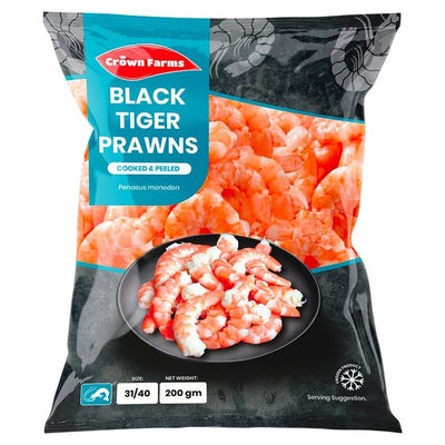 Crown Farms Gekochte und geschälte Schwarze Tiger Riesengarnelen Tiefkühlfisch 200g