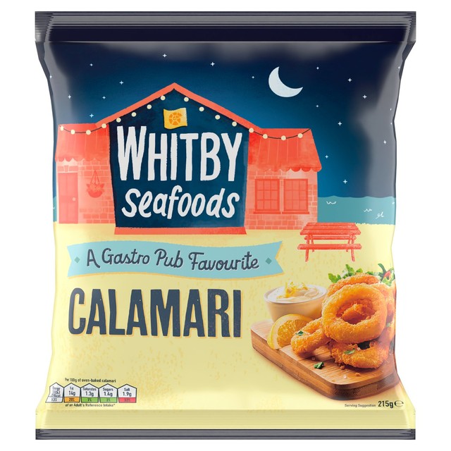 Whitby panerte blekksprutringer 215 g (britisk merke)