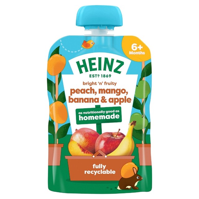 Heinz baby food puree pouch peach mango banana apple 100g, UK version