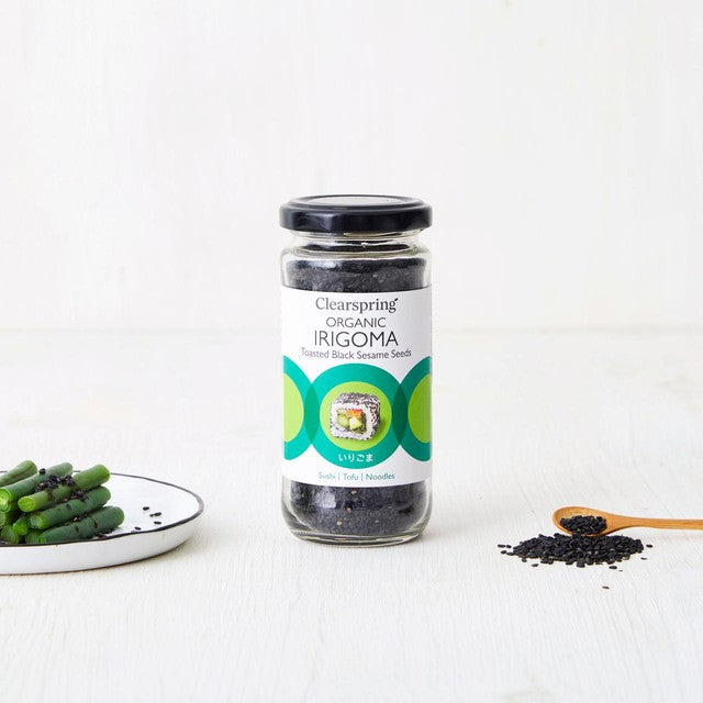 Clearspring toasted black sesame seeds jar, imported from the UK