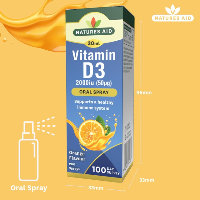 Natures Aid Vitamin D3 Oral Spray Orange Flavour 30ml, imported from the UK