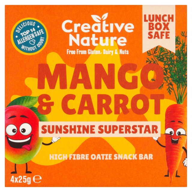Creative Nature Mango & Carrot snack bars 4 x 25g, imported from the UK