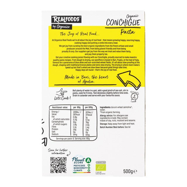Realfoods by Organico organic conchiglie pasta 500g, imported from the UK