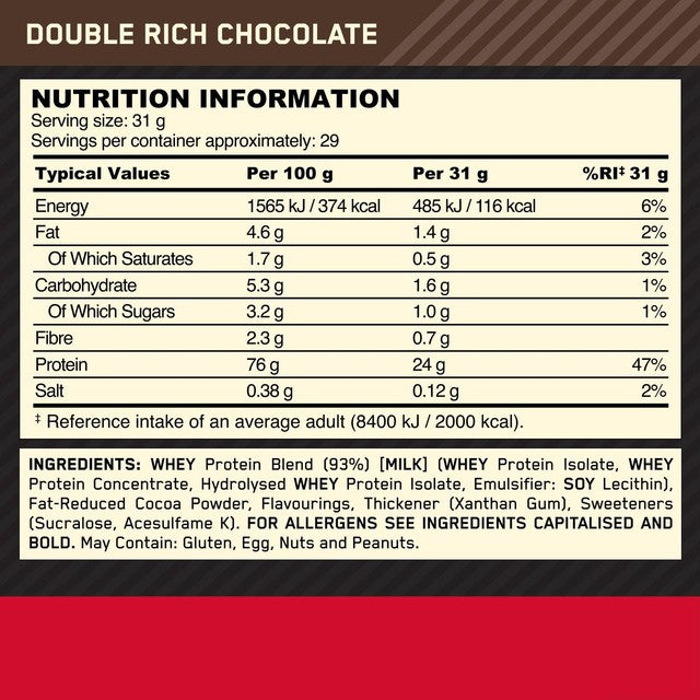 Optimum Nutrition Double Rich Chocolate protein powder 899g, imported from the UK