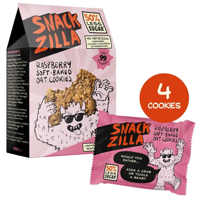 Snackzilla raspberry soft-baked oat cookies pack of 4 (British brand)