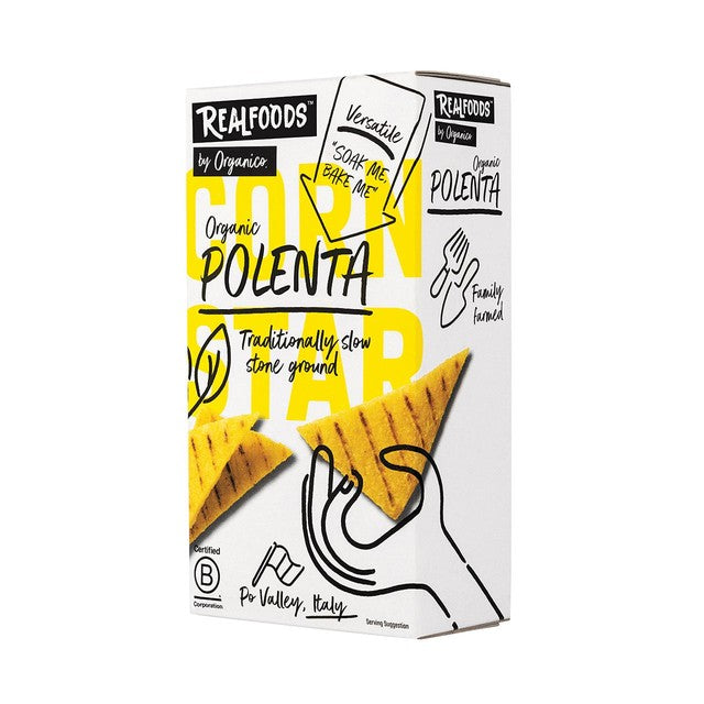 Realfoods organic polenta gluten-free maize meal 500g, imported from the UK
