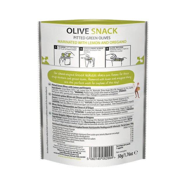 Mr Filbert's green olives with lemon and oregano 50g, imported from the UK