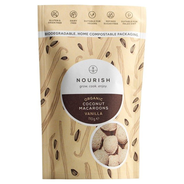 Nourish vanilla coconut macaroons 110g, imported from the UK