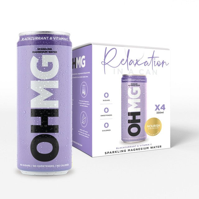OHMG Blackcurrant Sparkling Magnesium Water 4 x 330ml, imported from the UK