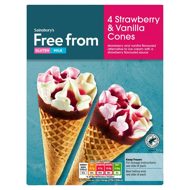 Sainsburys Free From Strawberry Vanilla Cones 4 x 120ml