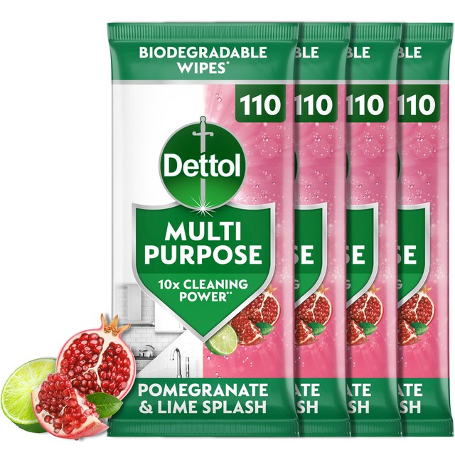 Dettol antibacterial biodegradable wipes pomegranate and lime 4x110, UK version