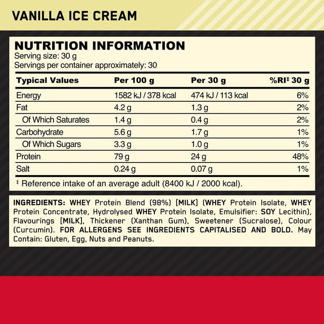 Optimum Nutrition Vanilla Ice Cream Protein Powder 900g, imported from the UK