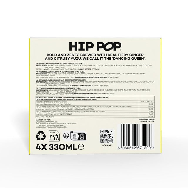 Hip Pop ginger yuzu kombucha drink 4 x 330ml, UK version