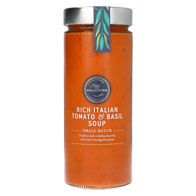 M&S Collection tomato and basil soup 580g jar, imported from the UK