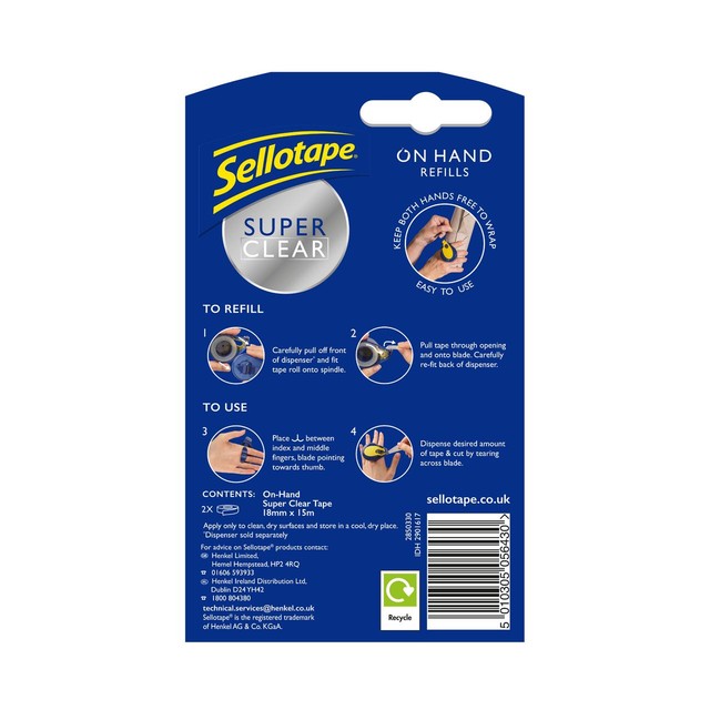 Sellotape On Hand Super Clear tape refills twin pack 18mm x 15m (British brand)