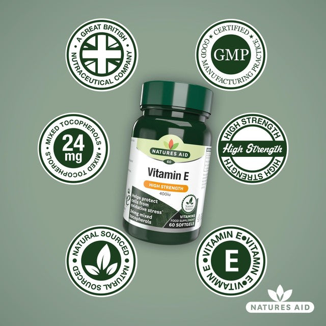 Natures Aid Vitamin E supplements 60 soft gels, imported from the UK