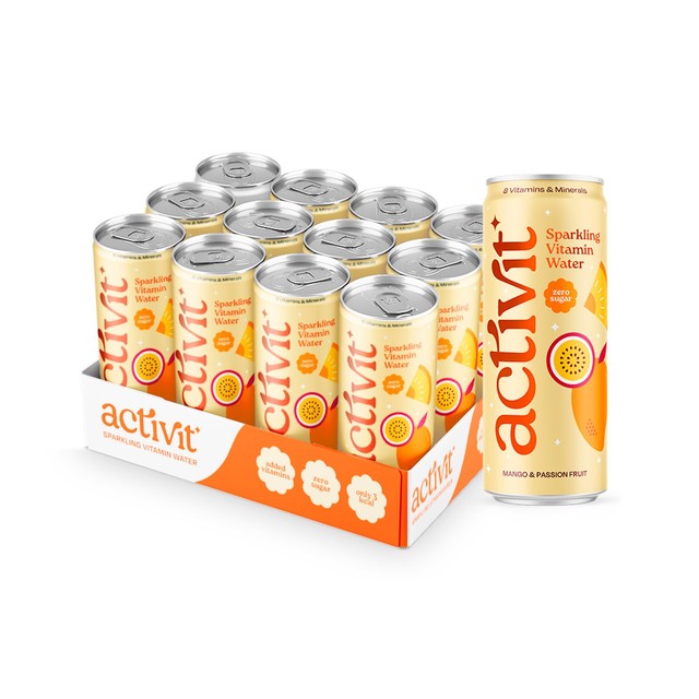 Activit sparkling vitamin water mango passionfruit, imported from the UK