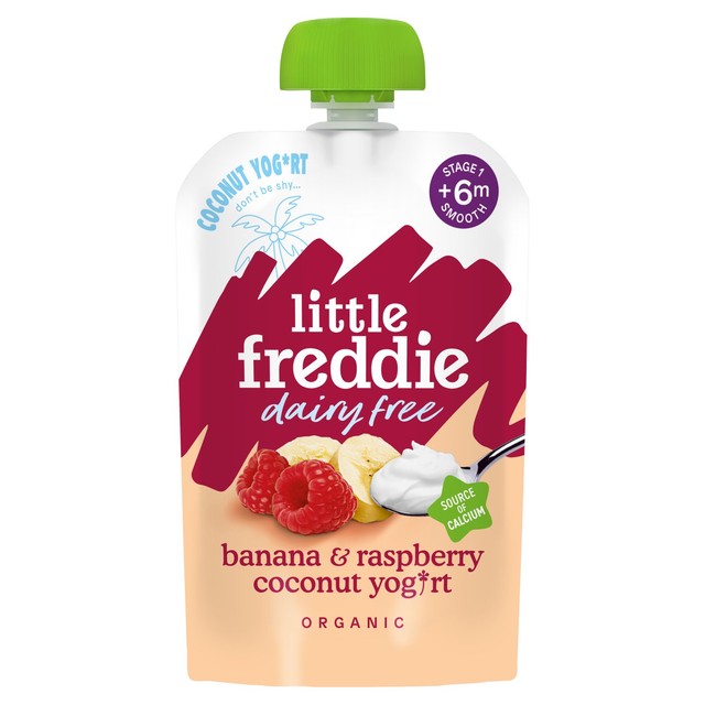 Little Freddie dairy free banana and raspberry yoghurt pouch 90g, UK version