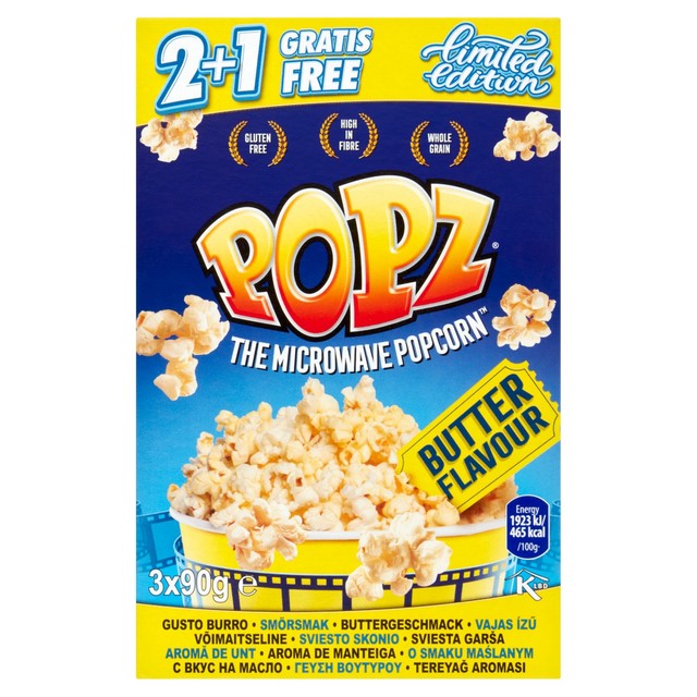 Popz butter microwave popcorn 3 x 90g, imported from the UK