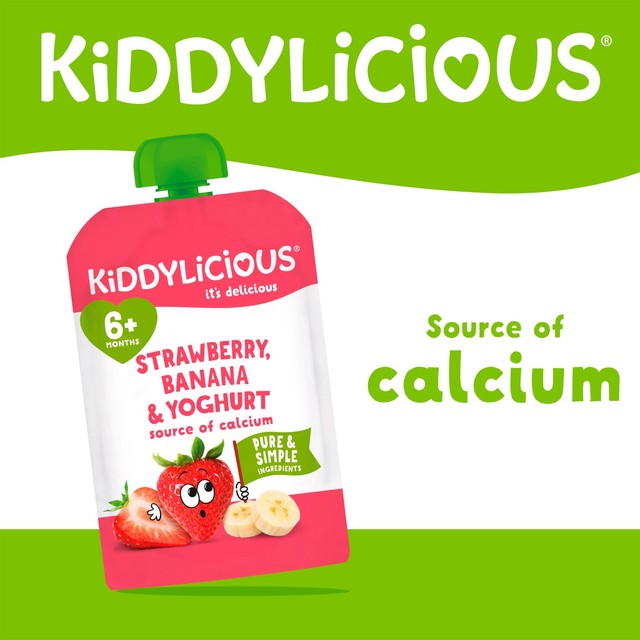 Kiddylicious Strawberry Banana Yogurt Baby Food Pouch 6m+ 4x100g, UK version