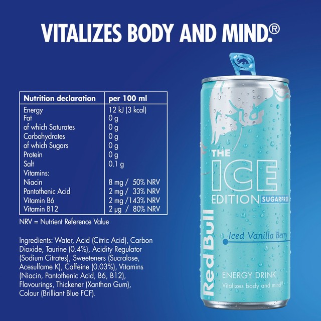 Red Bull Sugar Free Ice Edition Iced Vanilla Berry energy drink 4x250ml, imported from the UK