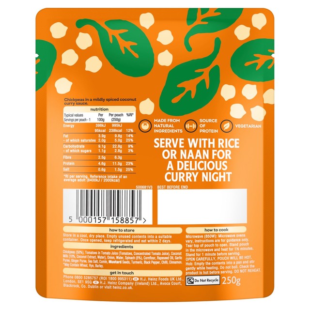 Heinz Curry Chickpeas with Coconut and Spinach 250g pouch, imported from the UK