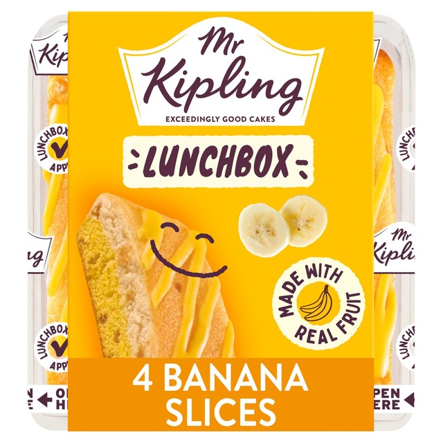 Mr Kipling banana cake slices 4 pack, imported from the UK