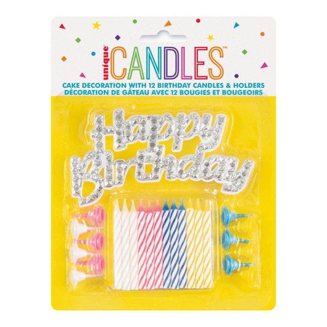 Unique Party silver happy birthday cake topper with 12 striped candles (British brand)