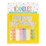 Unique Party silver happy birthday cake topper with 12 striped candles (British brand)