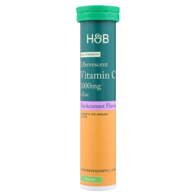 Holland & Barrett effervescent vitamin C and zinc blackcurrant tablets 20 per pack, UK version