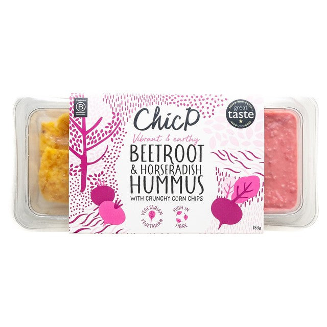 ChicP Beetroot Hummus Snack Pot with corn chips, imported from the UK