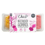 ChicP Beetroot Hummus Snack Pot with corn chips, imported from the UK