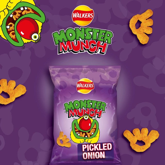 Monster Munch Pickled Onion Baked Corn Snacks 6x20g, imported from the UK