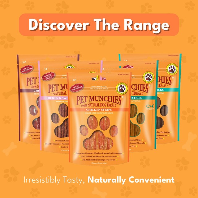 Pet Munchies chicken strips dog treats 90g, imported from the UK