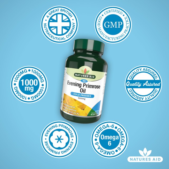Natures Aid Evening Primrose Oil soft gel capsules 90 count, imported from the UK
