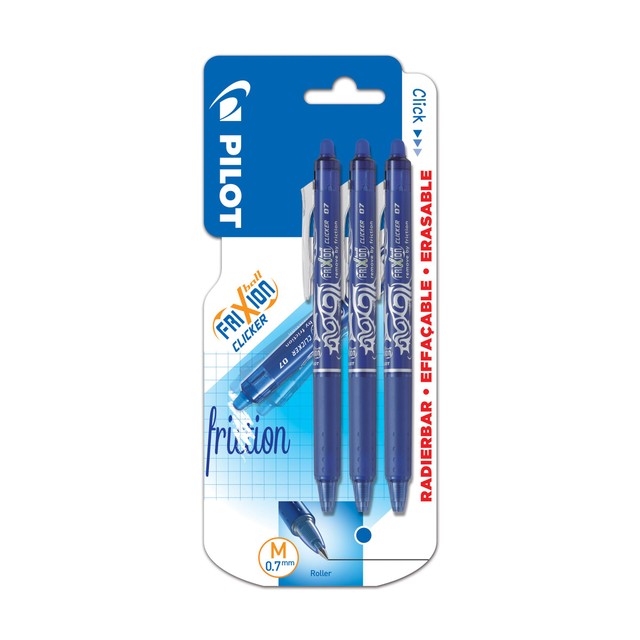 Pilot FriXion Clicker erasable rollerball pen blue ink 0.7mm medium tip pack of 3, imported from the UK