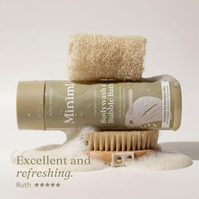 Miniml Indulgent Coconut body wash and bubble bath, imported from the UK